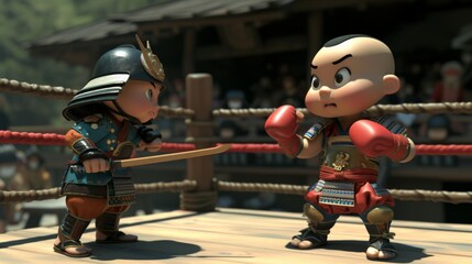 A 3D animated scene of a baby samurai, in traditional armor, facing a muscular boxer in a ring The baby samurai holds a wooden sword, and the boxer is in classic boxing gear, both ready to spar