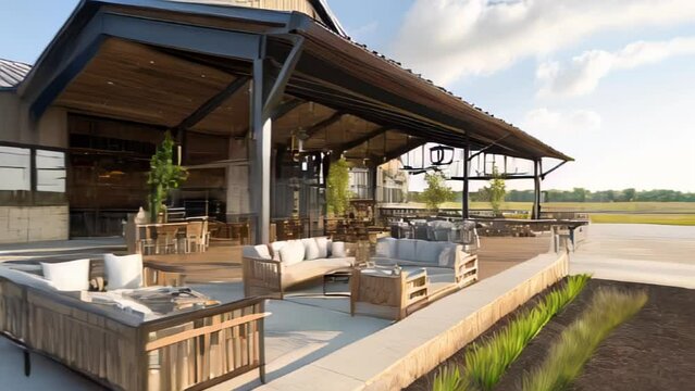 Open patio, comfortable outdoor furniture, covered dining area, surrounding natural landscape
