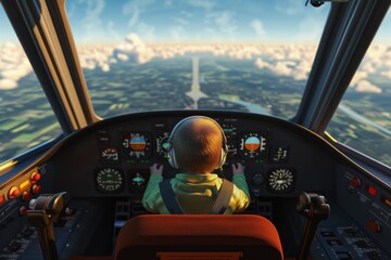 A 3D rendering of a baby captain in a cockpit of a small plane, surrounded by simplified flight instruments The view outside shows a scenic landscape below, emphasizing the wonder and excitemen
