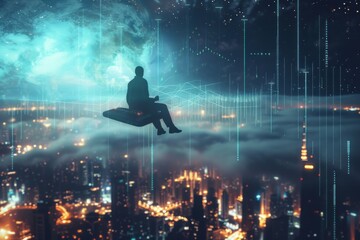 A 3D rendering of a businessman riding a flying mobile phone, soaring above a cityscape with a holographic stock chart in the sky The scene represents the intersection of technology, finance, a