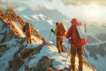 A 3D rendering of a group of hikers on a mountain trail, using mobile phones with attached solar panels to navigate and communicate The natural, outdoor setting highlights the practicality and