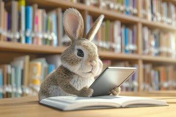 A 3D rendering of a rabbit in a public library, swiftly browsing the internet on a tablet The library is modern and digital-friendly, with other animals also using tech devices, creating a comm