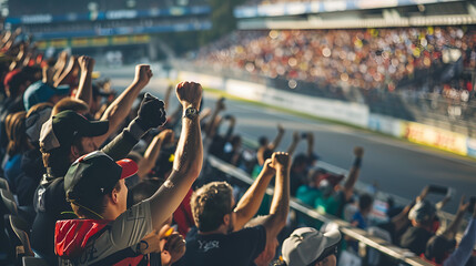 A group of spectators are cheering for their favorite driver during a race at a grandstand. The spectators wearing team colors The photo convey a sense of excitement, anticipation, or support. - obrazy, fototapety, plakaty