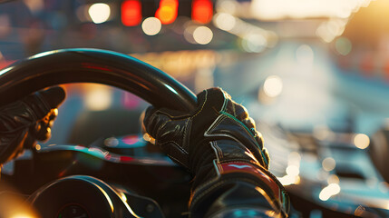A close-up of a driver's hands are gripping the steering wheel during a race. The driver wearing...