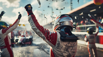 A driver is celebrating their victory in the winner's circle at a racetrack. The driver wearing a racing suit, They spraying hampagne, or they holding a trophy. - obrazy, fototapety, plakaty