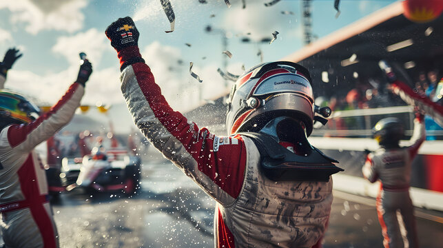 A driver is celebrating their victory in the winner's circle at a racetrack. The driver wearing a racing suit, They spraying hampagne, or they holding a trophy.