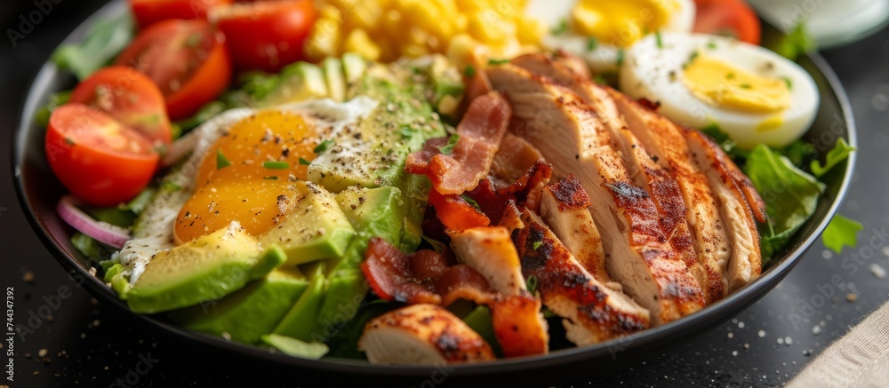 Canvas Prints fresh and healthy chicken salad with boiled eggs, tomatoes, and avocado slices on a plate