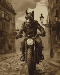 A digital illustration of a horse in old-timey gear, riding an antique motorcycle on a cobblestone...