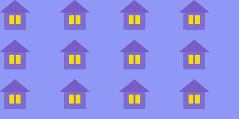 Cartoon houses at dusk on a purple background. Seamless pattern. Violet houses on a lilac. Flat style. Isolated. Background for cover, fabric, decor. 
