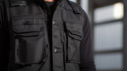Functional and fashionable a sleek black utility vest with plenty of pockets to keep your essentials close.