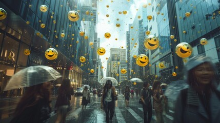 A photorealistic image of joyful raindrops with smiley faces gently falling on people walking on a busy city street People are looking up with happy expressions Urban setting with skyscrapers B - obrazy, fototapety, plakaty