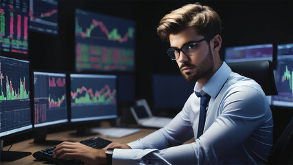 Portrait of Young Handsome Stock Exchange Broker Working on a Computer, Researching Real-Time Stocks Data, Analyzing Commodities and Exchange Market Charts. Professional Investment Agent in Office