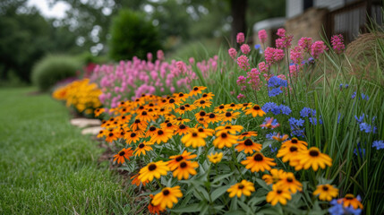 A colorful array of wildflowers and tall gres adorning a droughtresistant garden providing a habitat for local pollinators and reducing the need for additional watering.