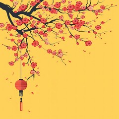 Traditional Chinese yellow backdrop adorned with sakura tree and lantern decoration, offering ample copy space