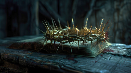 The Bible lies on a wooden table next to the crown of thorns of Jesus Christ
