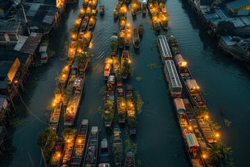 Bangkok Floating Market aerial view, Damnoen Saduak boat market, popular tourist destination