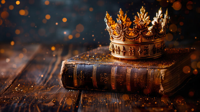 the holy bible lies on the table on the bible there is a golden crown of the king