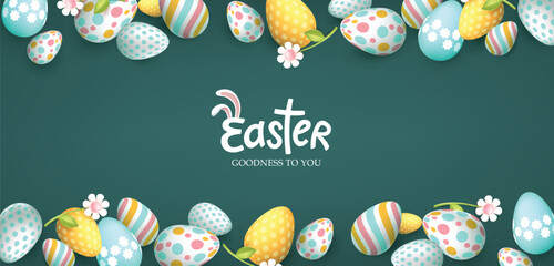Easter day banner with easter eggs frame and spring flowers on blackboard background and calligraphy of easter