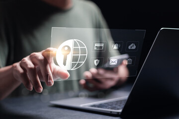 Cyber security concept. Information security and encryption. Person using laptop to login and password for data protection and secure internet access.