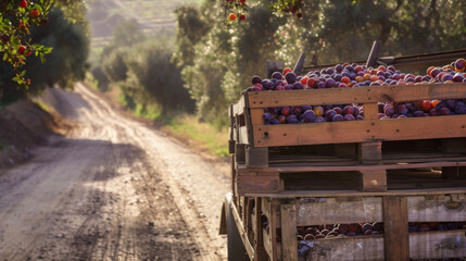 A wooden palette in the back of a truck is stacked high with crates of plums overflowing with their plump and luscious forms. The truck slowly makes its way down a winding