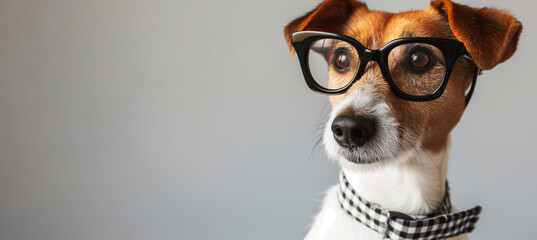 Intelligent dog wearing large black glasses on grey background with copy space