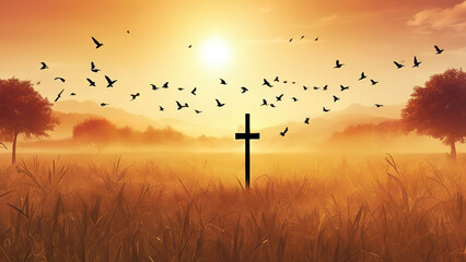 Bright Background of thanks giving concept, Silhouette cross and birds flying