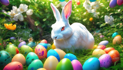Attractive A white rabbit surrounded by some colorful eggs during Easter Monday celebration