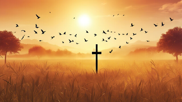 Bright Background of thanks giving concept, Silhouette cross and birds flying