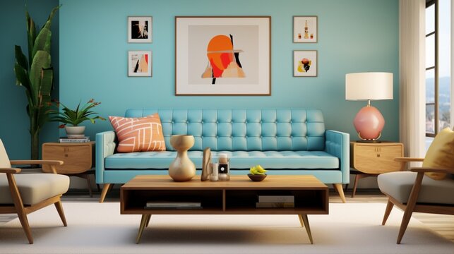 A modern and stylish retro living room with sky blue accent walls, sleek mid-century modern furniture, and vintage-inspired decor accents, creating a cozy and inviting space with a touch of retro char
