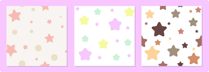 Set of three square baby seamless pattern with colored stars. Flat style, isolated on a white and cream color. Cute vector background for cover, fabric, textile, dishes, stationery, interior decor.