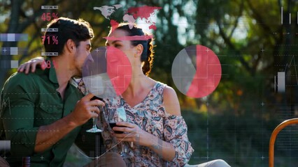 Animation of financial data processing over happy caucasian couple in garden - Powered by Adobe