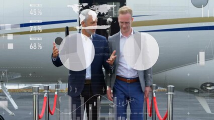 Animation of financial data processing over caucasian businessmen by airplane - Powered by Adobe
