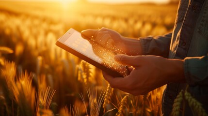 A 3D rendered image of a farmer holding wheat in one hand and a tablet in the other, with the tablet screen displaying advanced agricultural data, set against the backdrop of a sprawling, sunli