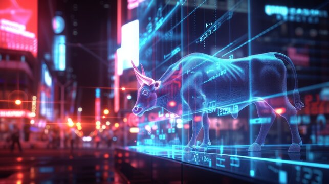 A 3D rendered image of a digital bull hologram displayed on Wall Street, with digital screens showing live American stock trading data and bullish charts, emphasizing the futuristic approach to