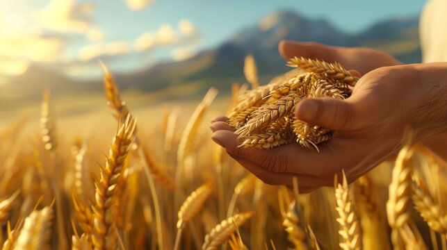 A 3D rendered image of a farmer examining a handful of wheat, with close attention to detail on the wheat and the farmer's expression of care and pride, set in a vast field with a backdrop of d