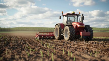 A 3D rendered image of a high-tech tractor equipped with advanced agricultural tools plowing a field, showcasing the blend of traditional farming and modern technology, set in a realistic farmi