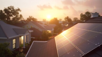 A 3D rendered image of a house at sunrise, with brand new solar panels on the roof reflecting the early light, set against a backdrop of a waking neighborhood, emphasizing the modern, energy-ef