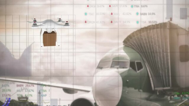 Animation of financial data processing over drone with box by airplane