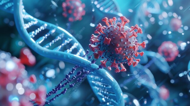 A 3D rendered image of a holographic virus structure interlaced with a DNA helix, displayed in a high-tech laboratory setting, showcasing the intricate details and molecular complexity in a viv - Powered by Adobe