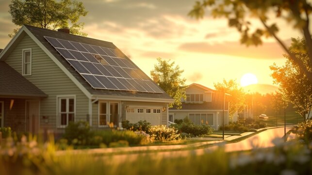 A 3D rendered image of a house at sunrise, with brand new solar panels on the roof reflecting the early light, set against a backdrop of a waking neighborhood, emphasizing the modern, energy-ef