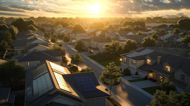A 3D rendered image of a house at sunrise, with brand new solar panels on the roof reflecting the early light, set against a backdrop of a waking neighborhood, emphasizing the modern, energy-ef