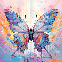 Butterfly with sharp triangle wings in a pastel cyber world abstract and fully detailed