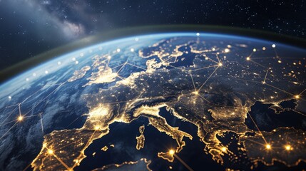 A 3D rendered image of a satellite view over Europe, showcasing a digital overlay of telecommunication networks, with beams of data transmission and network signals, emphasizing the advanced te