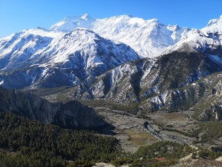 A breathtaking sight of majestic snow-covered mountains filling the horizon, standing tall and beautiful in the sunlight.