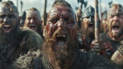 A group of Viking Berserkers feast and celebrate their recent victory their faces marked with smears of as they revel in their savage way of life.