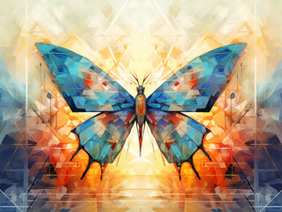 Cyber butterfly with geometric triangle wings pastel colors blending in an abstract sharp landscape