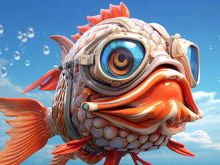 Cute carp cartoon wearing a mask detailed close up with vibrant animation bringing joy and whimsy