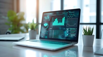 A 3D rendered image of a sleek laptop on a workspace, with a dynamic digital marketing interface on the screen, highlighting email campaigns, social media strategies, and web analytics, showcas