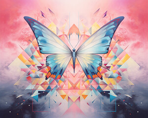 Pastel abstract cyber scene with a butterfly its triangle wings sharply defined against the soft background