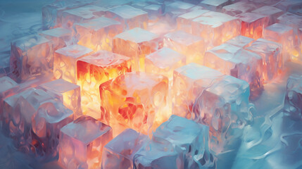 Soft pastel background showcasing the surreal scene of ice cubes aflame, a blend of fire and freeze - obrazy, fototapety, plakaty